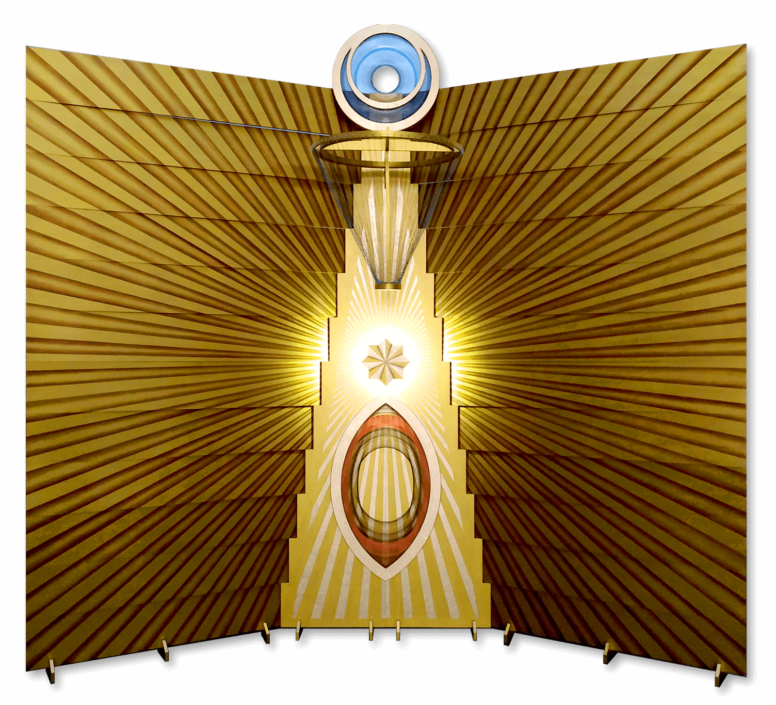A modern golden triptych artwork that visually celebrates the feminine divine through evocative symbolism. The three panels interrelate to explore themes of sanctity, motherhood, and grace, drawing upon sacred and cultural motifs to honor feminine strength and sacredness in a contemporary artistic language.