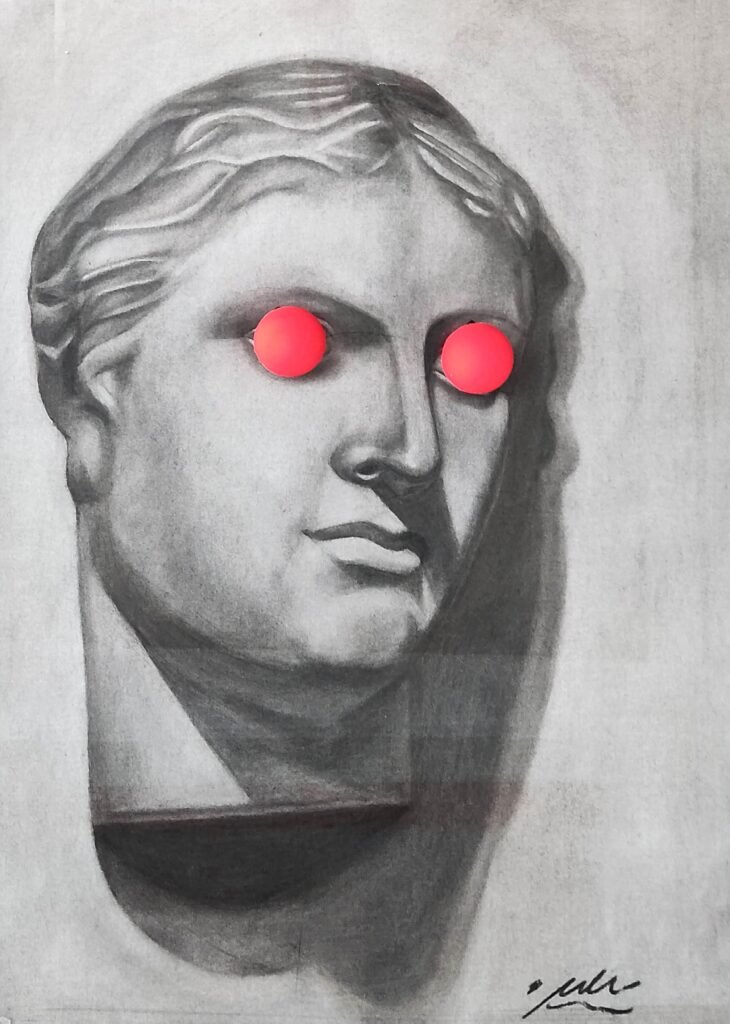 InspiredByMyYongerSelf Charcoal drawing of a classical plaster head sculpture with red fluorescent balls for eyes.