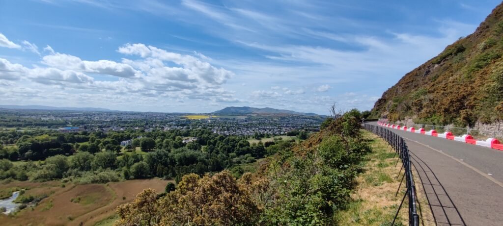 Panoramic view of the Pentland Hills from Queen's Drive on Arthur's Seat.