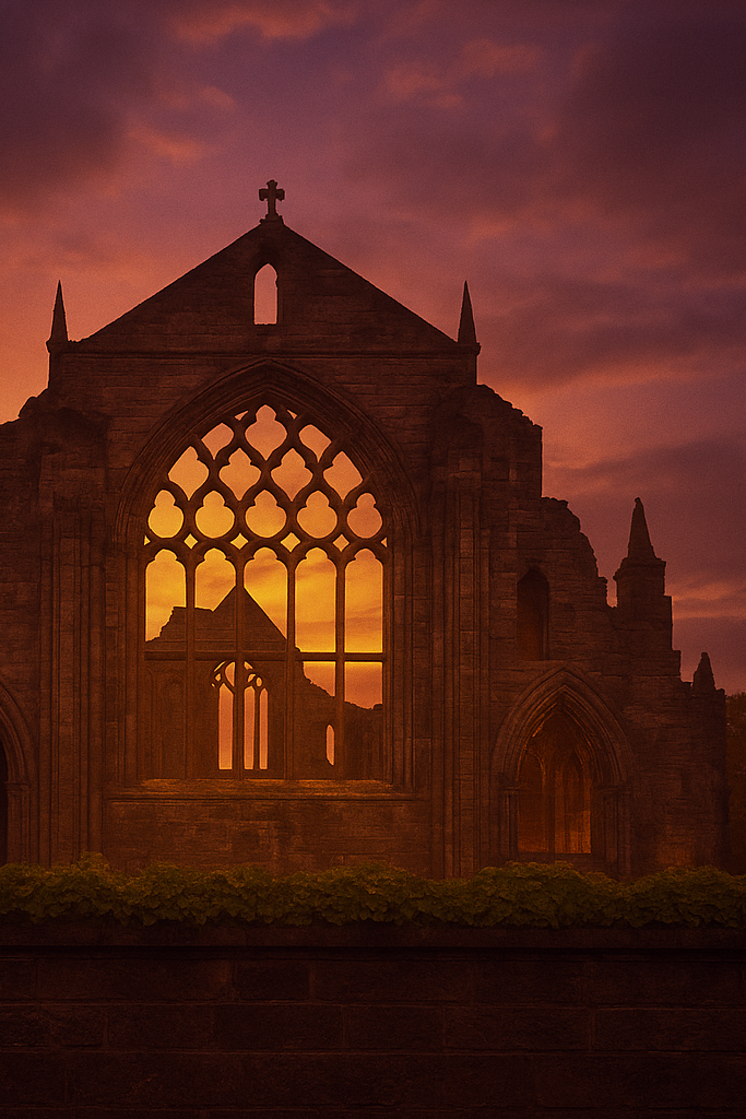 Romantic vista of the Gothic ruins of Holyrood Abbey in Edinburgh.