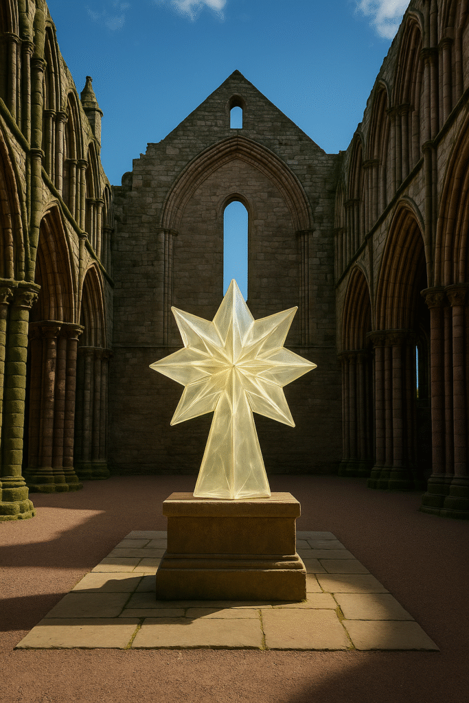 Concept rendering of the proposed Black Rood glass sculpture light installation inside Holyrood Abbey.